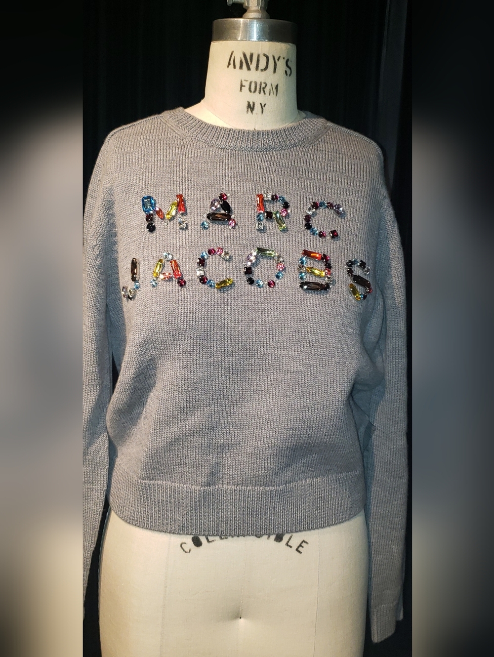 NWT. MARC JACOBS Swarovski Crystals Gray 100% Wool Crew Neck Sweater S